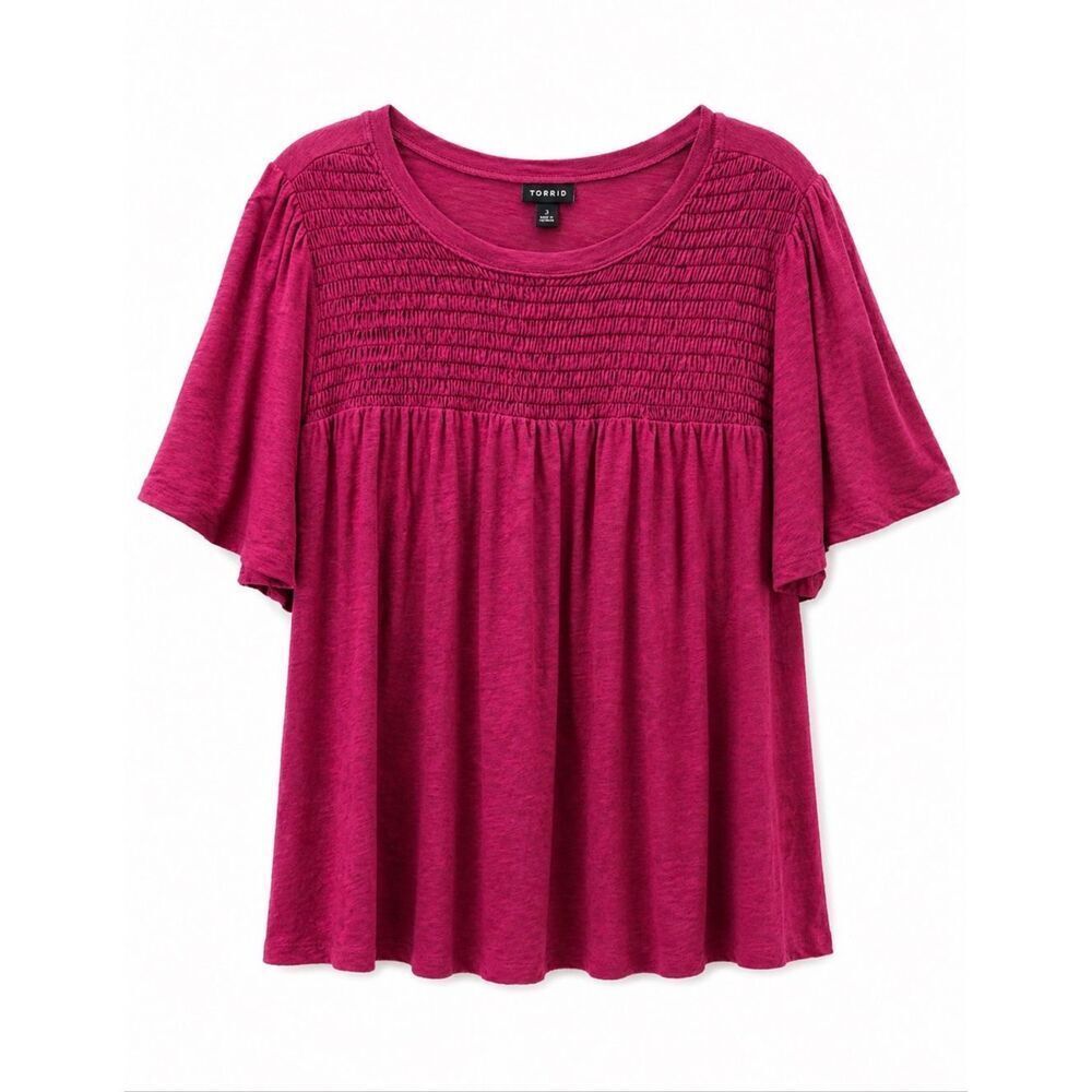 Torrid Smocked Babydoll Top Women’s Size 0 US 12 burgundy Short Sleeve Flowy Plu